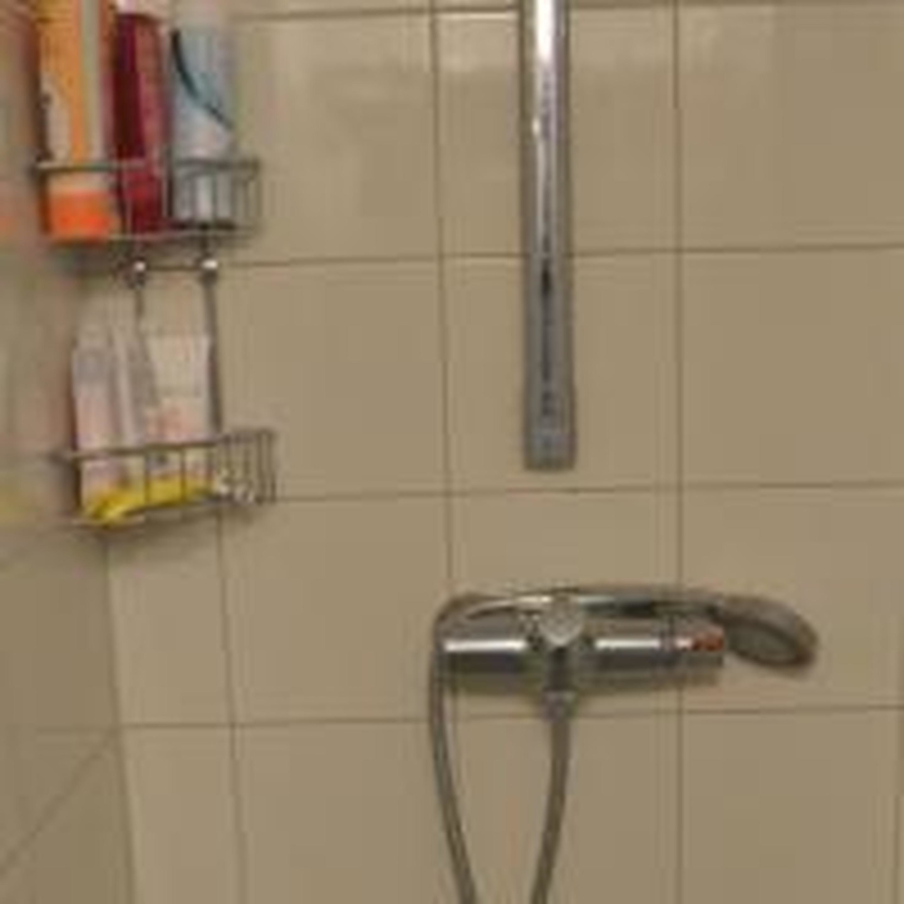 Ein Badezimmer mit Dusche, Handtuchhalter und Seifenspender.