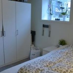 A bedroom with a bed, a wardrobe, a window, and a small plant.