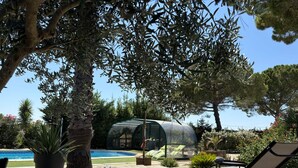 Un área junto a la piscina con sillones de descanso, un invernadero de vidrio y una piscina.