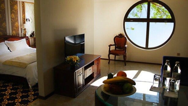 Una habitación de hotel con cama, televisor, escritorio con un florero, silla y ventana redonda con vistas a árboles.