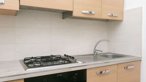 A kitchen with a gas stove, stainless steel sink, wooden cabinets, and a dishwasher. - N151 - Numana, delightful two-room apartment with porch (Numana)