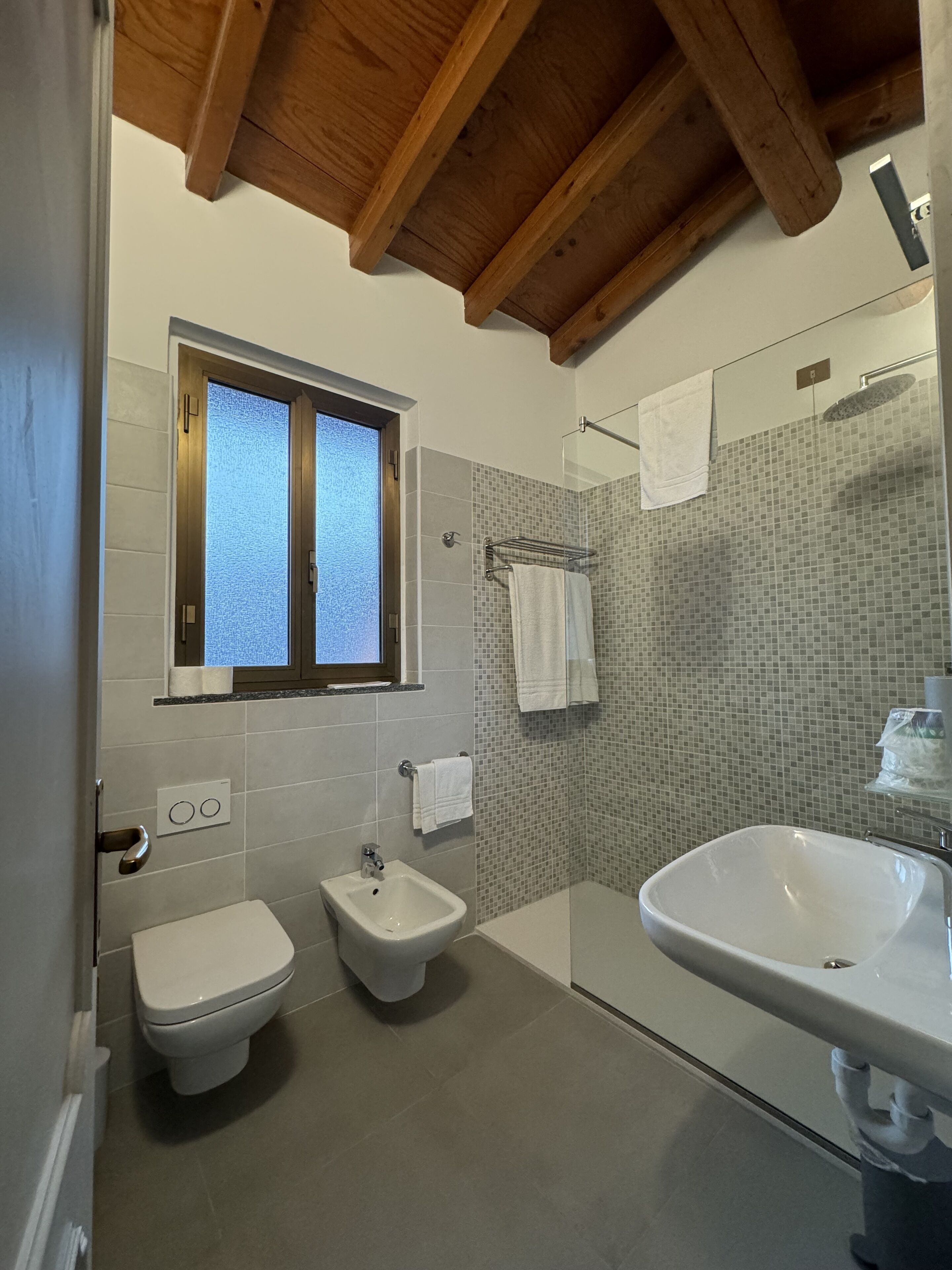 Une salle de bain moderne équipée d’un bidet, d’un lavabo et d’une douche.
