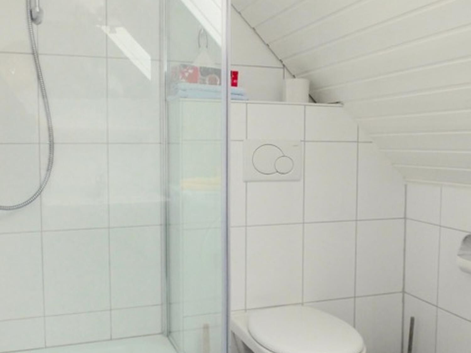 A modern bathroom with a glass shower enclosure, a toilet, and a small shelf with toiletries.