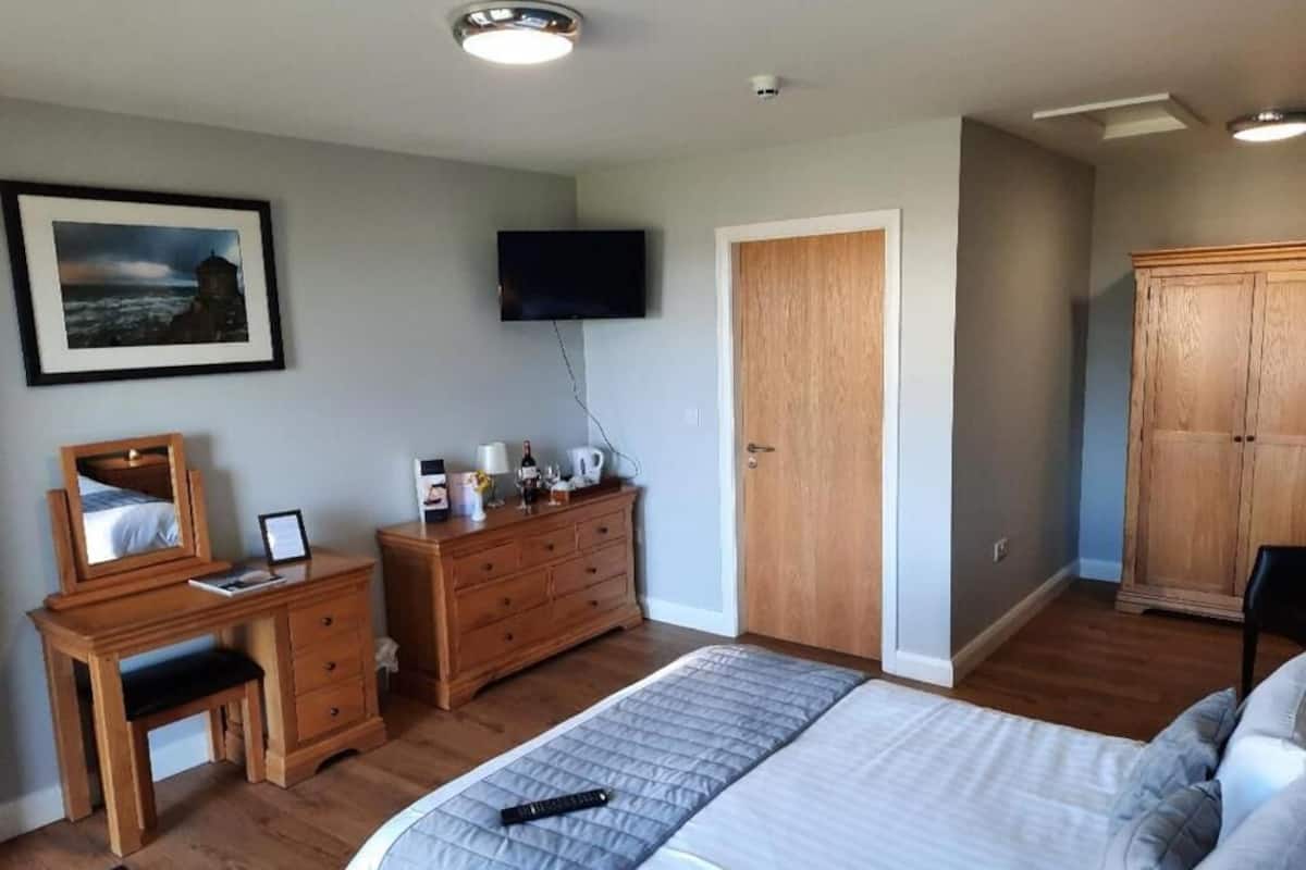 A bedroom with a bed, a desk, a dresser, a television, and a wardrobe.