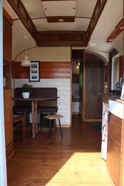 Historic circus wagon in idyllic landscape and tranquility