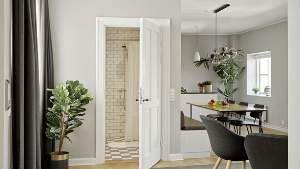Un interior moderno con suelo de madera, una zona de comedor con mesa y sillas, un baño con pared de azulejos y una planta en maceta.