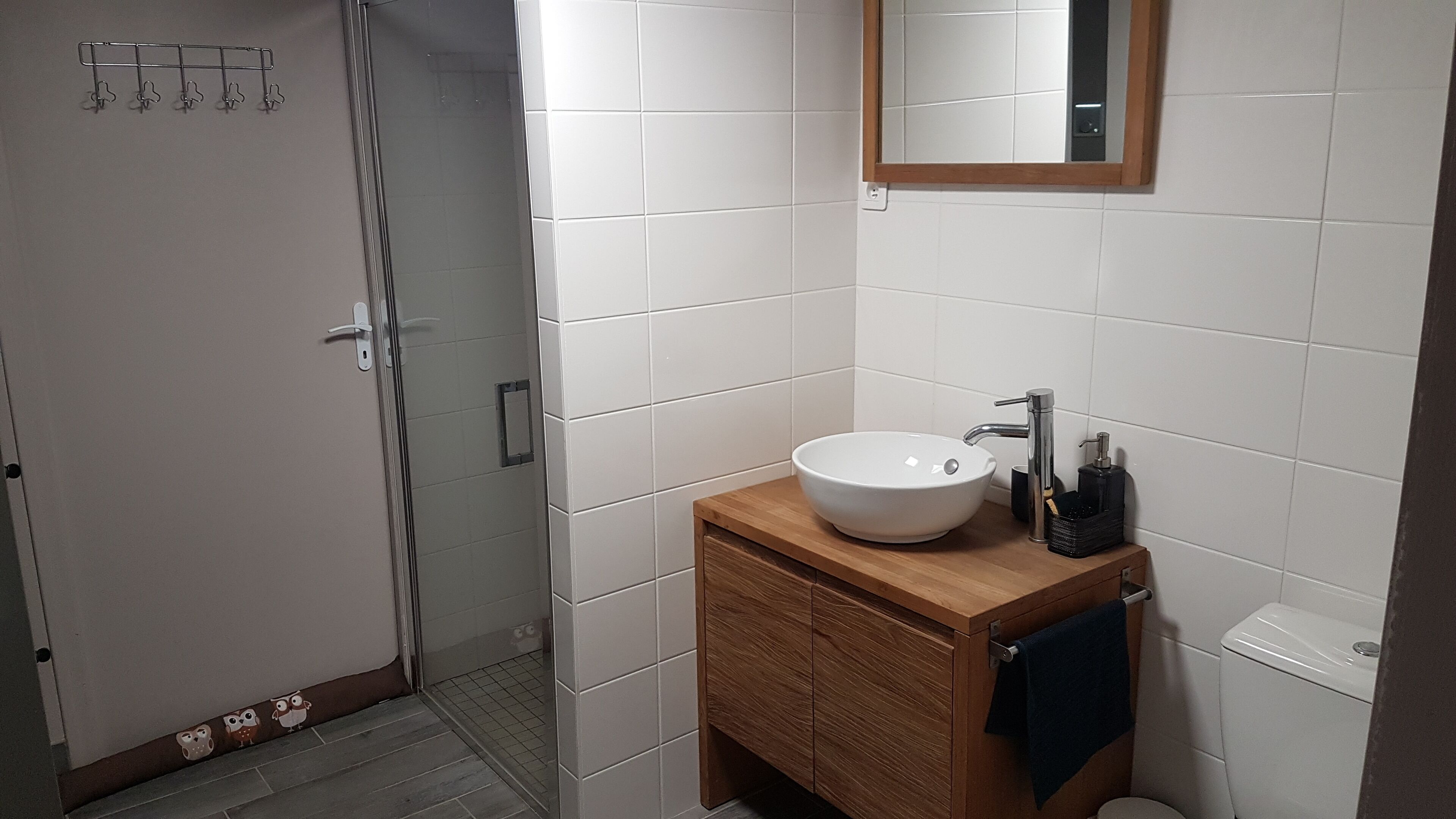 Secadora de cabello, toallas, papel de baño 