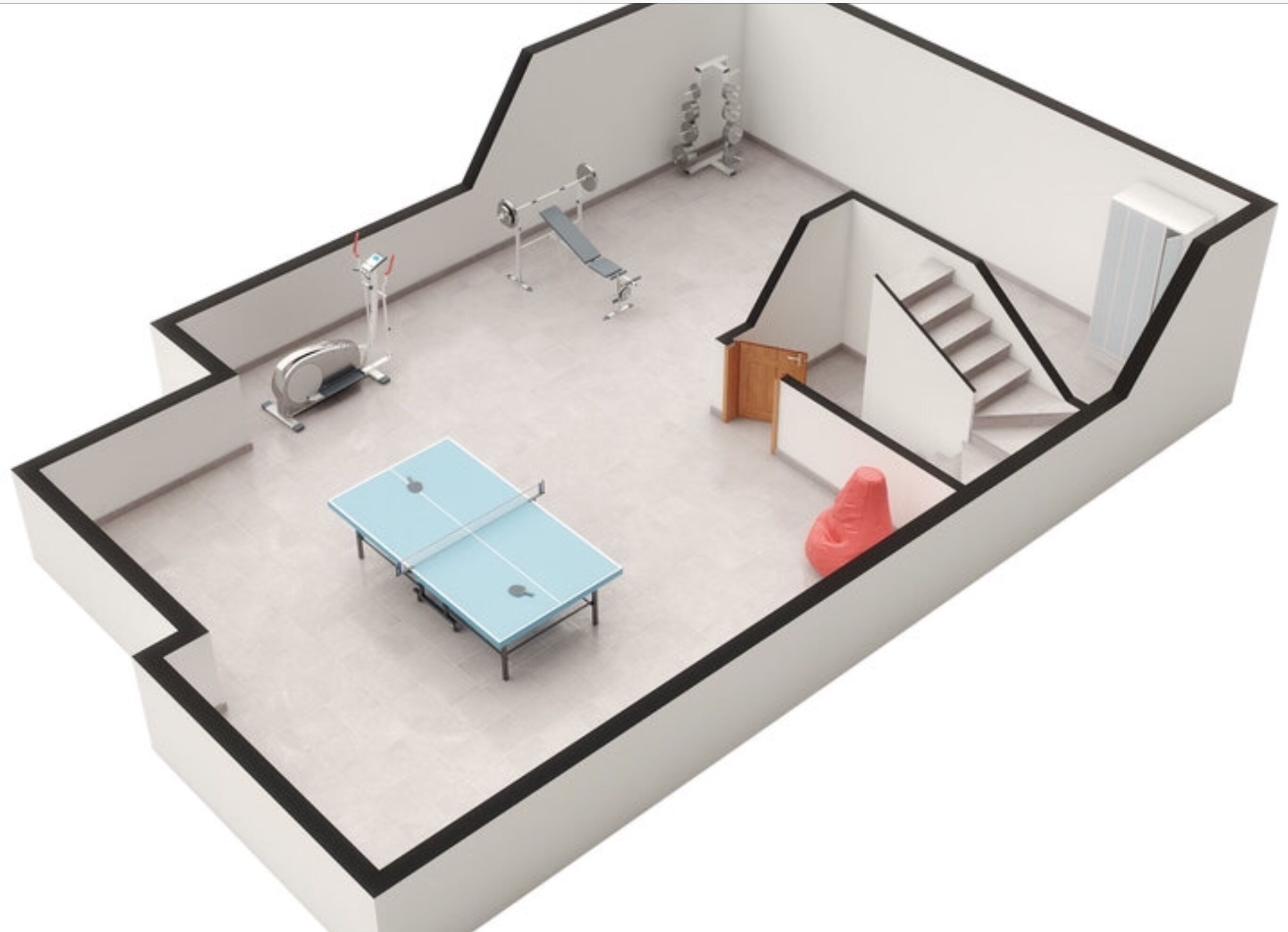 Un modelo 3D de una habitación de hotel con cama, escritorio, silla, pequeña mesa, un sillón de peluche rojo y una escalera.