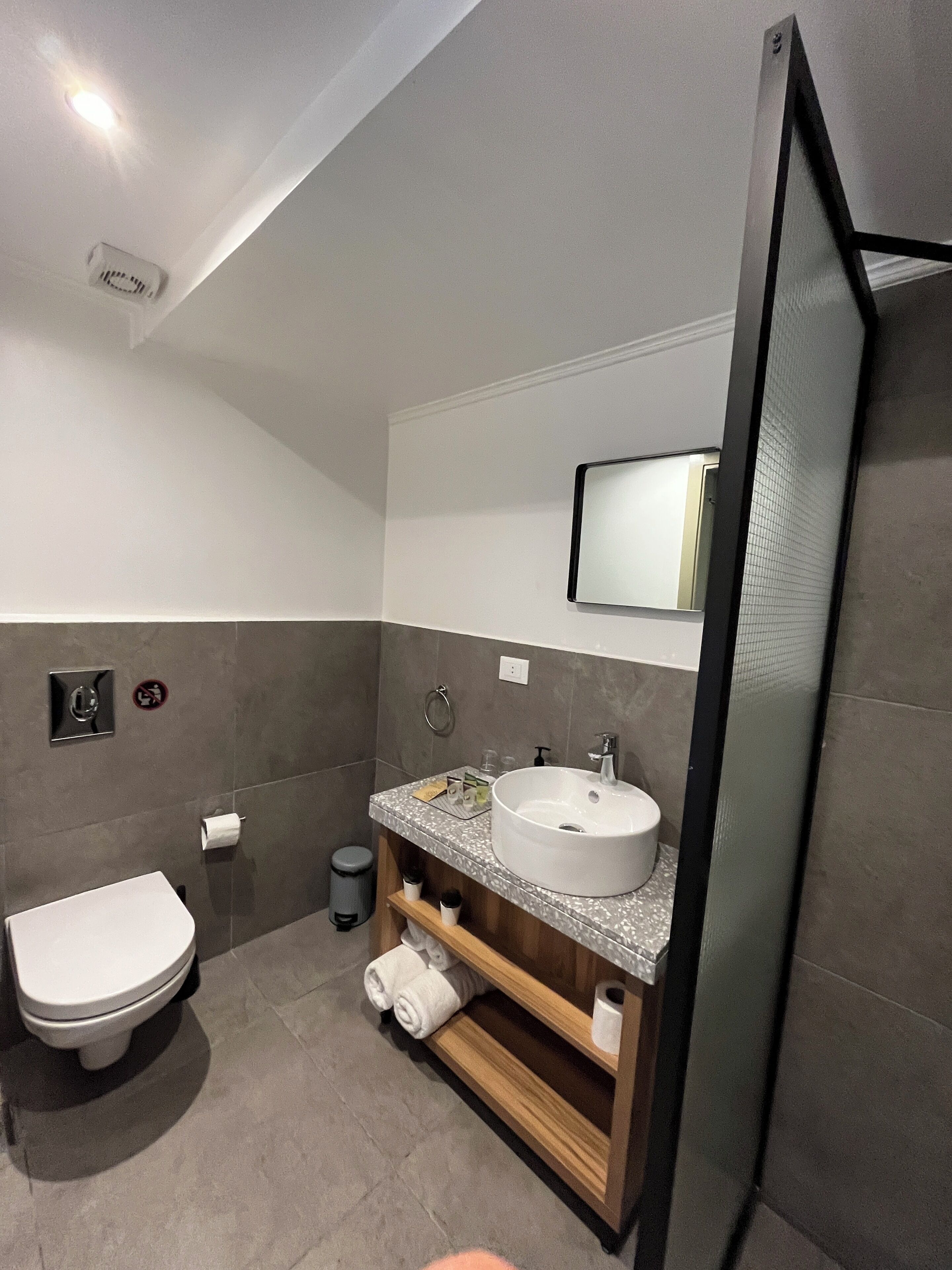 A modern bathroom with a toilet, sink, and mirror.