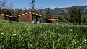 Eine Reihe Holzhütten mit roten Dächern, eingebettet in eine grüne Wiese mit Bergen im Hintergrund.