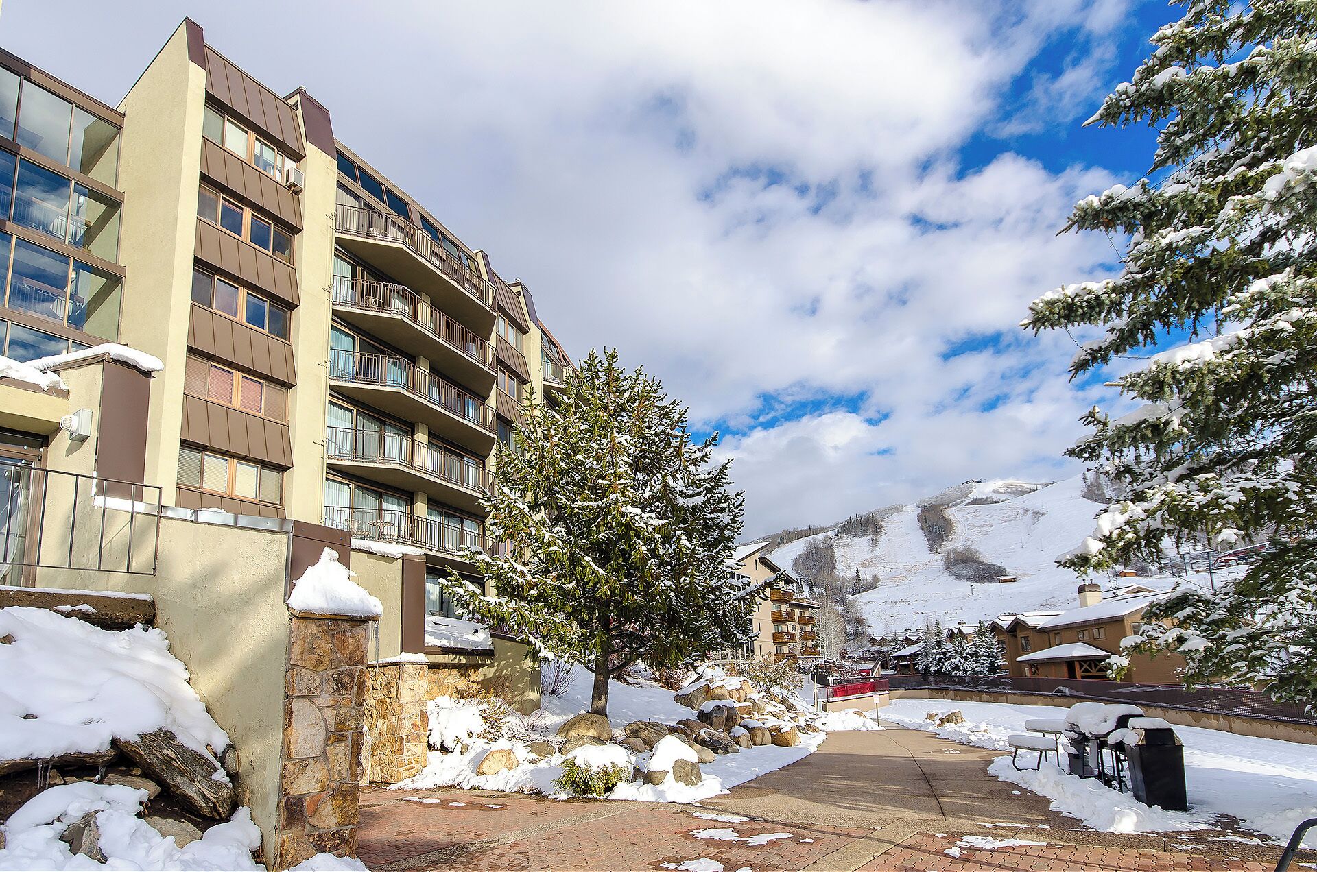 A snow-covered residential area with a multi-story building, a tree, and a mountain in the background.