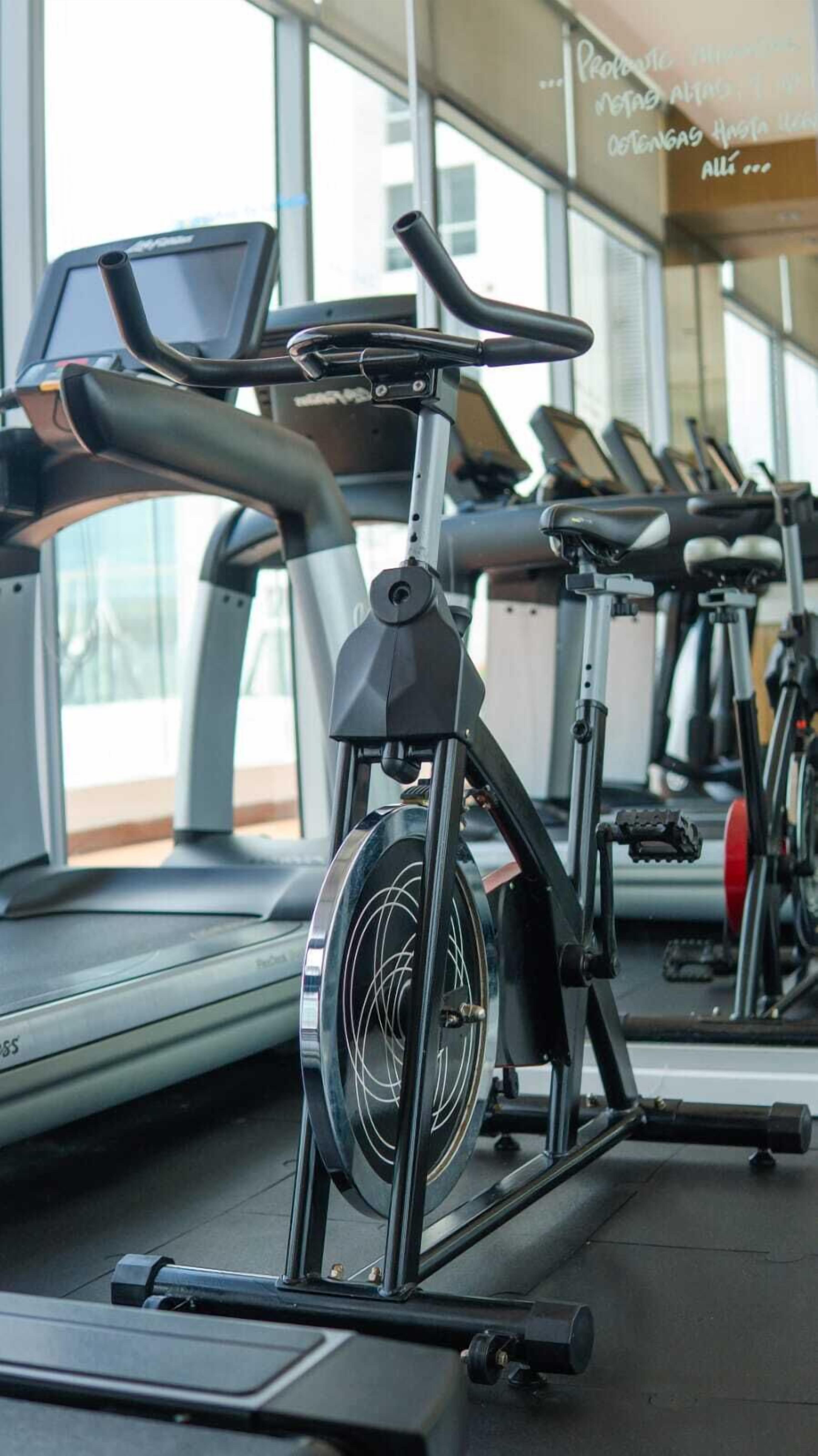 A row of stationary bikes in a gym with large windows and a treadmill in the background.