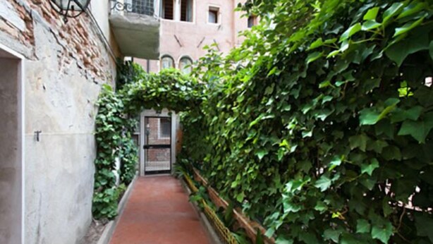 A narrow alleyway with a brick wall on one side and a hedge on the other. - Grimaldi Apartments - Ca Sole (Venice)