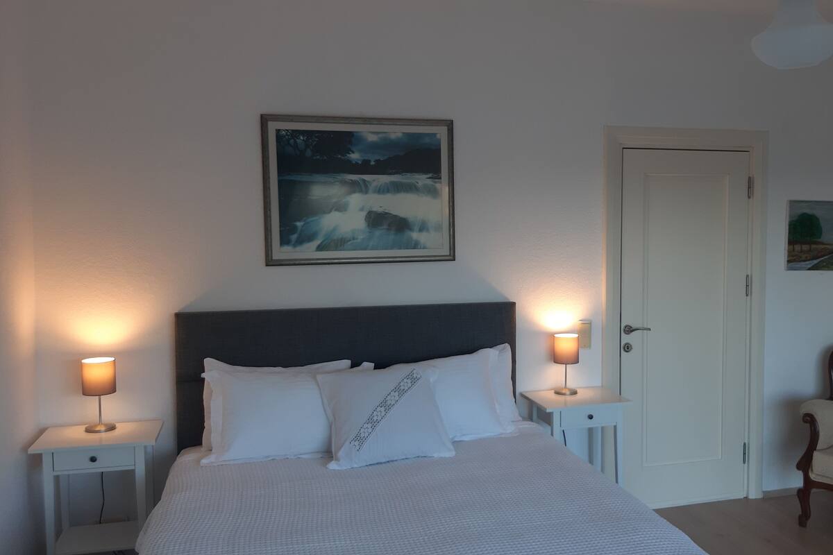 A bedroom with a bed, two bedside tables with lamps, a door, and two wall-mounted paintings.
