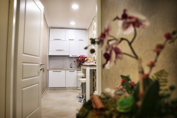 Geladeira grande, talheres/pratos/utensílios de cozinha