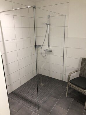 Dusj, hårføner, håndklær og toalettpapir