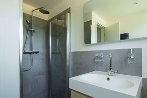 Features a sleek sink, large mirror, and glass-enclosed tub with handheld showerhead.