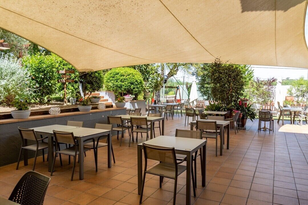 Un espace de restauration en plein air, doté de plusieurs tables et chaises, entouré de plantes en pot et surmonté d’un grand auvent qui offre de l’ombre.
