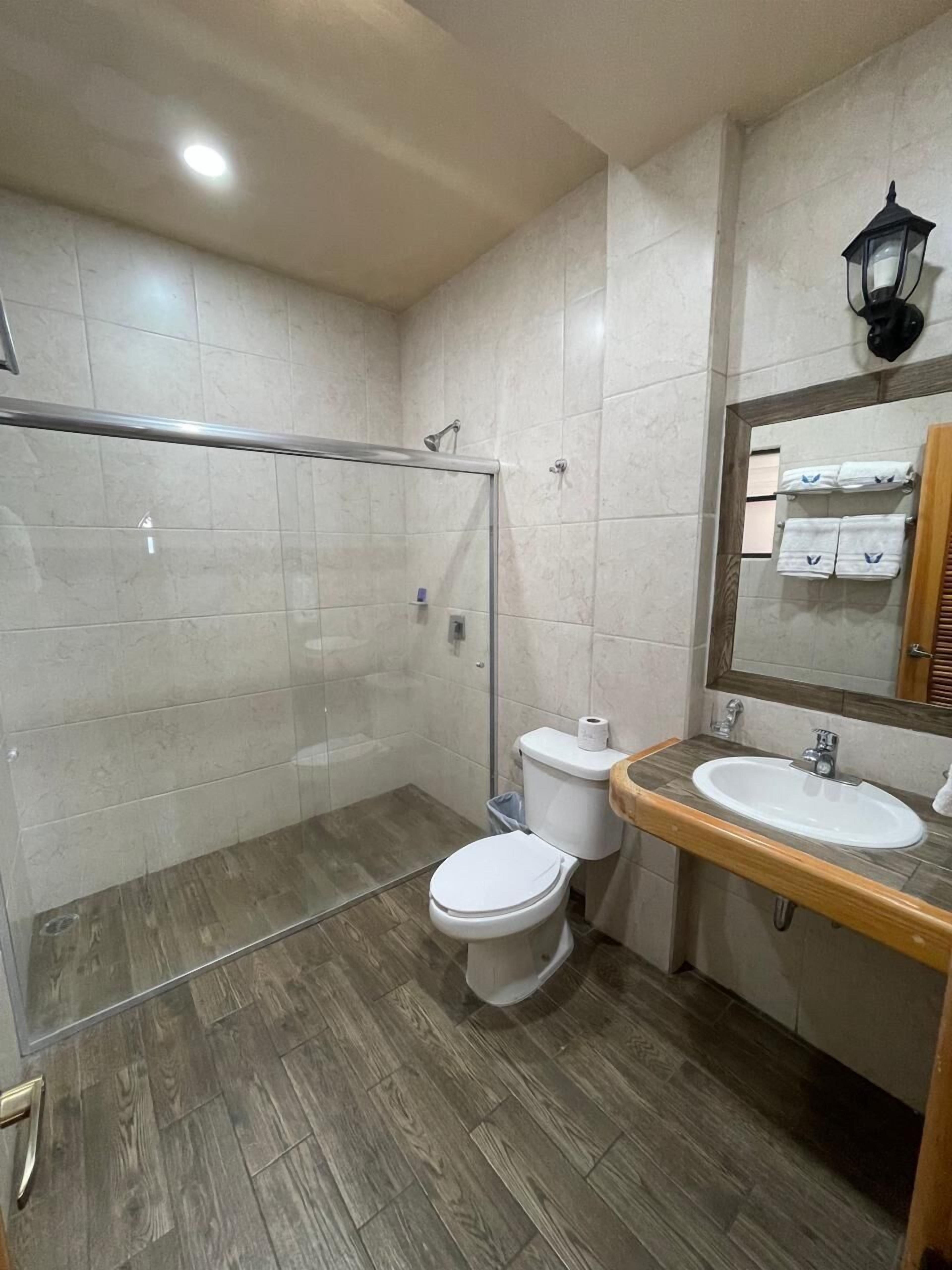 interior quadruple room (no windows) | bathroom | shower, free toiletries, towels