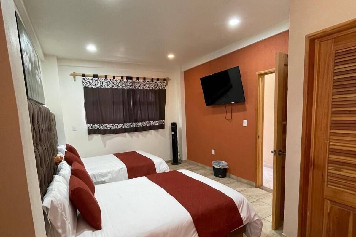 A bedroom with two beds, a TV, and a door.