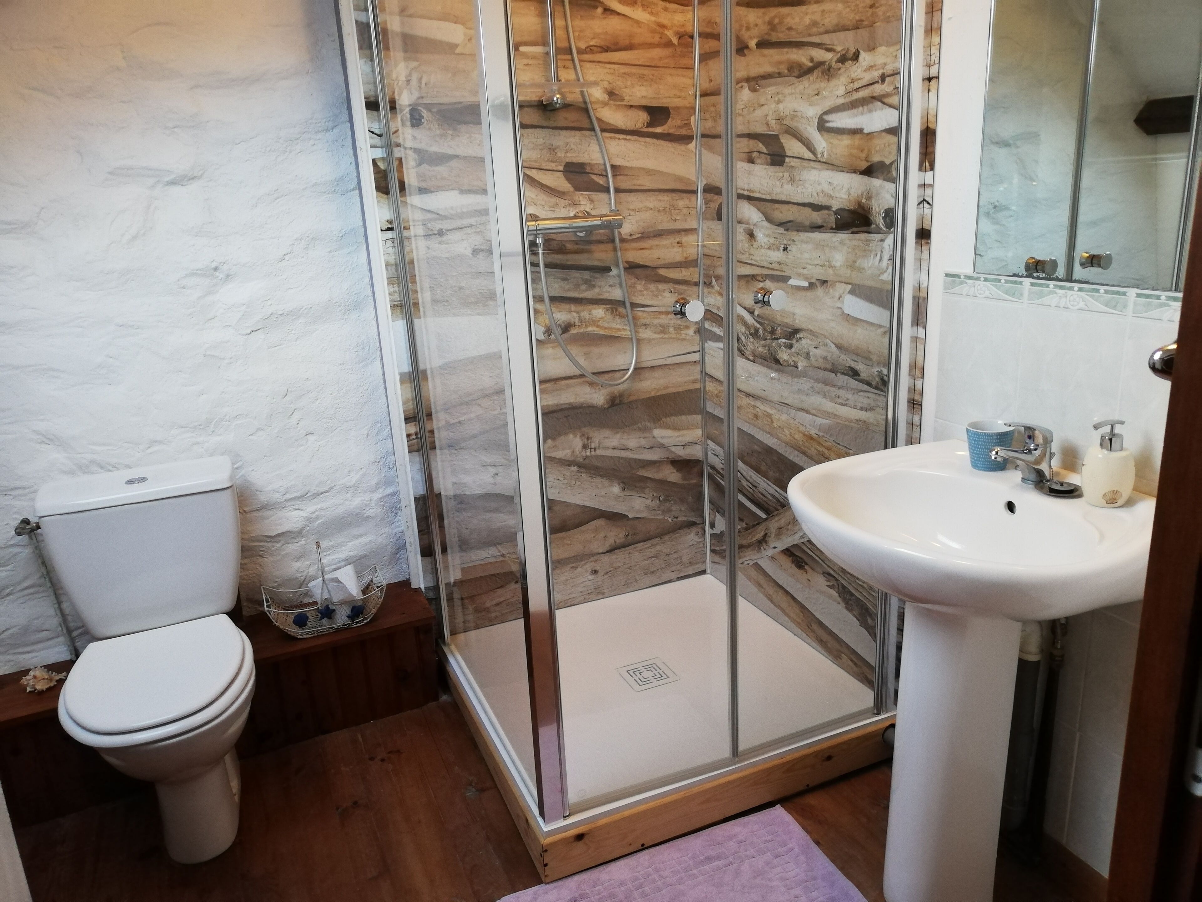 A bathroom with a glass-enclosed shower, a white sink, and a toilet.