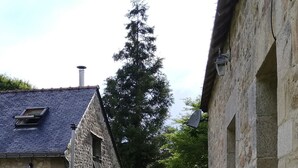 A stone building with a sloped roof, a small window, and a stone wall with a flower pot. - 3 houses with 6x3 beds, approx. 1 hectare of land and a swimming pool. (Ploërdut)