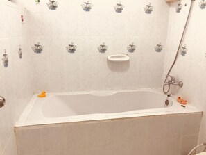 Duschwanne, Haartrockner, Handtücher, Toilettenpapier