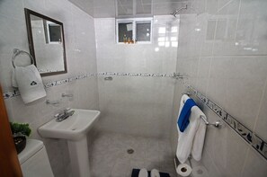 Shower, rainfall showerhead, towels, soap