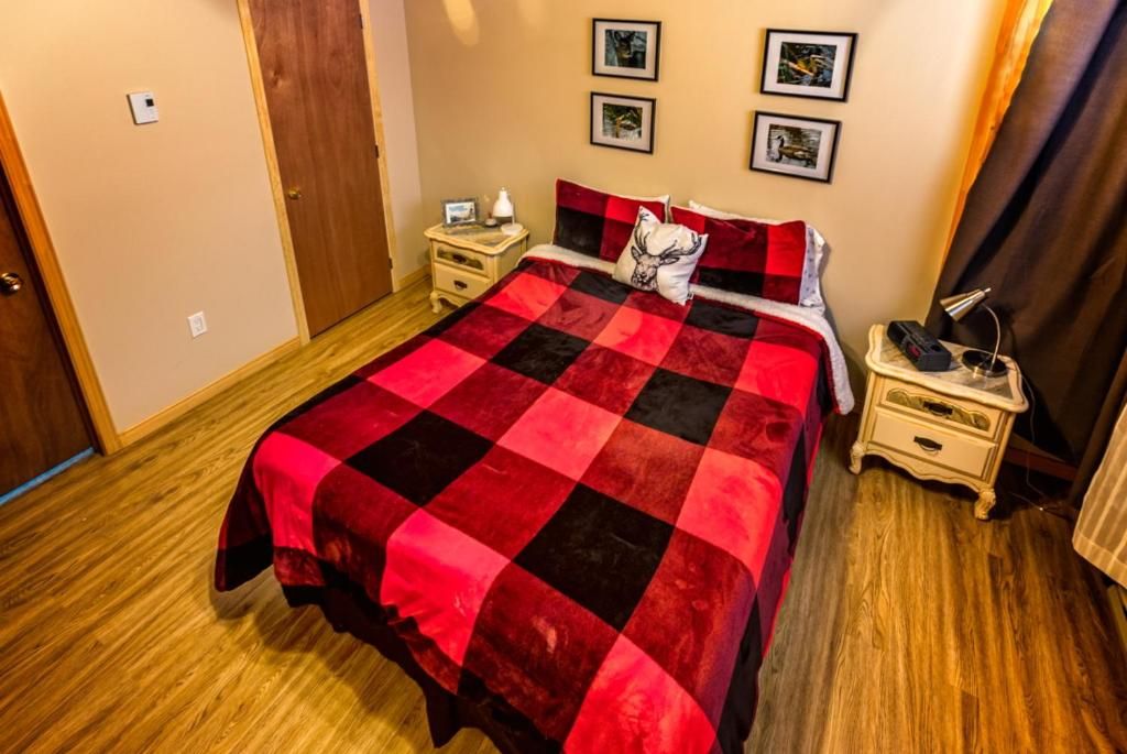A bedroom with a checkered bedspread, a nightstand with a lamp, and framed pictures on the wall.