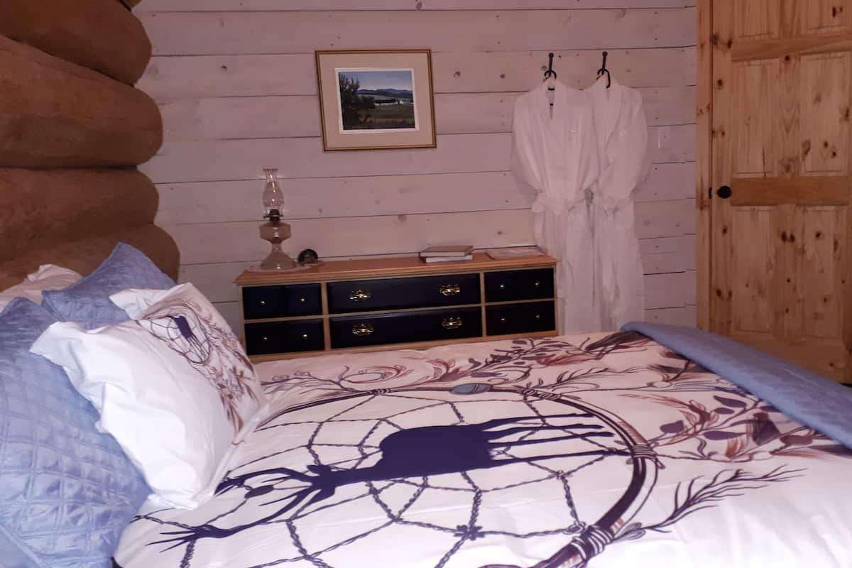 A bedroom with a bed, a dresser, a wooden door, and a framed picture on the wall.