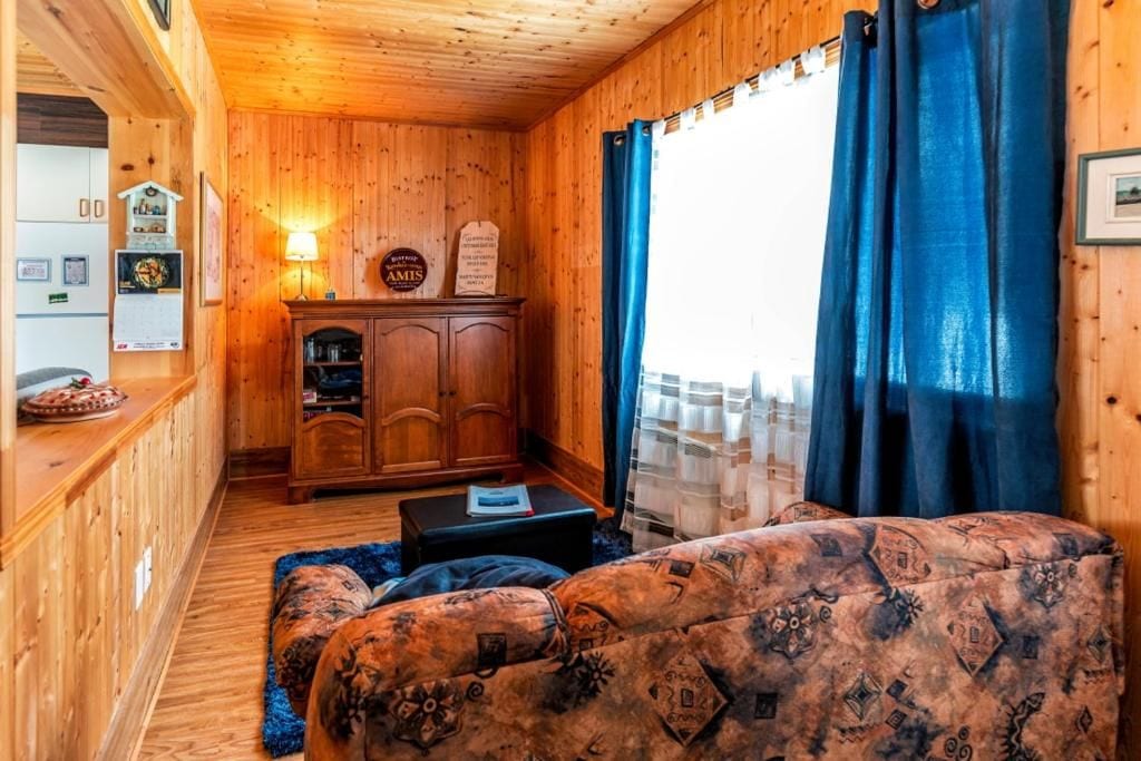 Un interno in legno con un divano, un armadio e una finestra con tende.