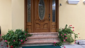 Een houten voordeur met glaspanelen, geflankeerd door plantenpotten met roze bloemen, en een klein raam boven de deur.