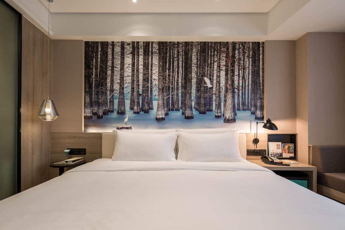 Habitación de hotel con una cama grande, una mesita de noche con lámpara, una pequeña mesa con un libro y un cuadro colgado en la pared que representa un paisaje forestal.