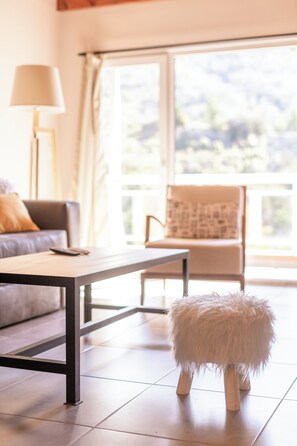 Luxury Apartment, 2 Bedrooms, Mountain View (VC2) | Living area | 40-inch Smart TV with satellite channels, fireplace, Netflix