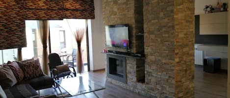 TV, fireplace, video games, table football