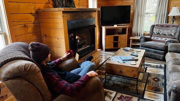 Smart TV, fireplace, DVD player, books