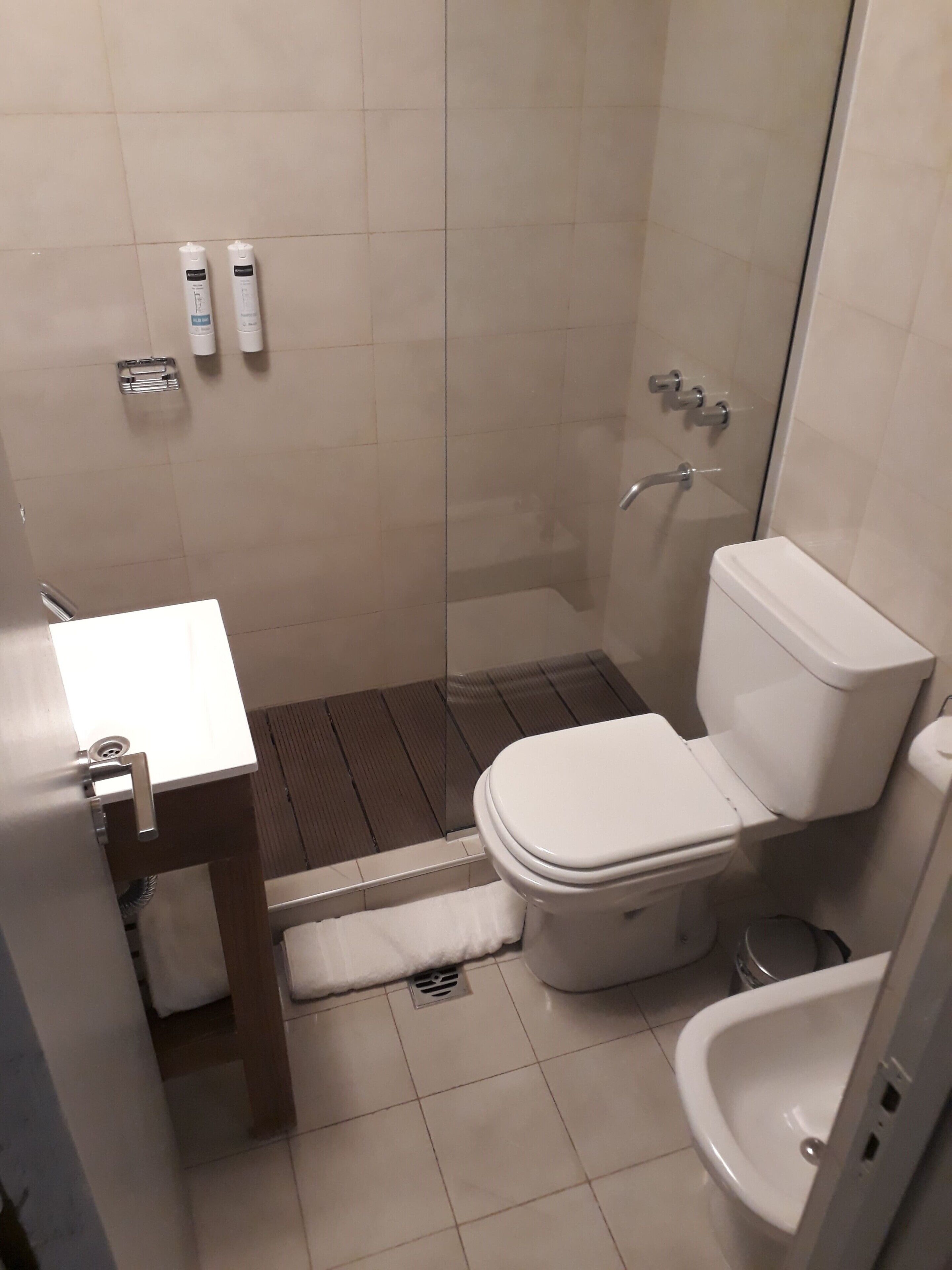 standard small single room | bathroom | shower, hair dryer, bidet, towels
