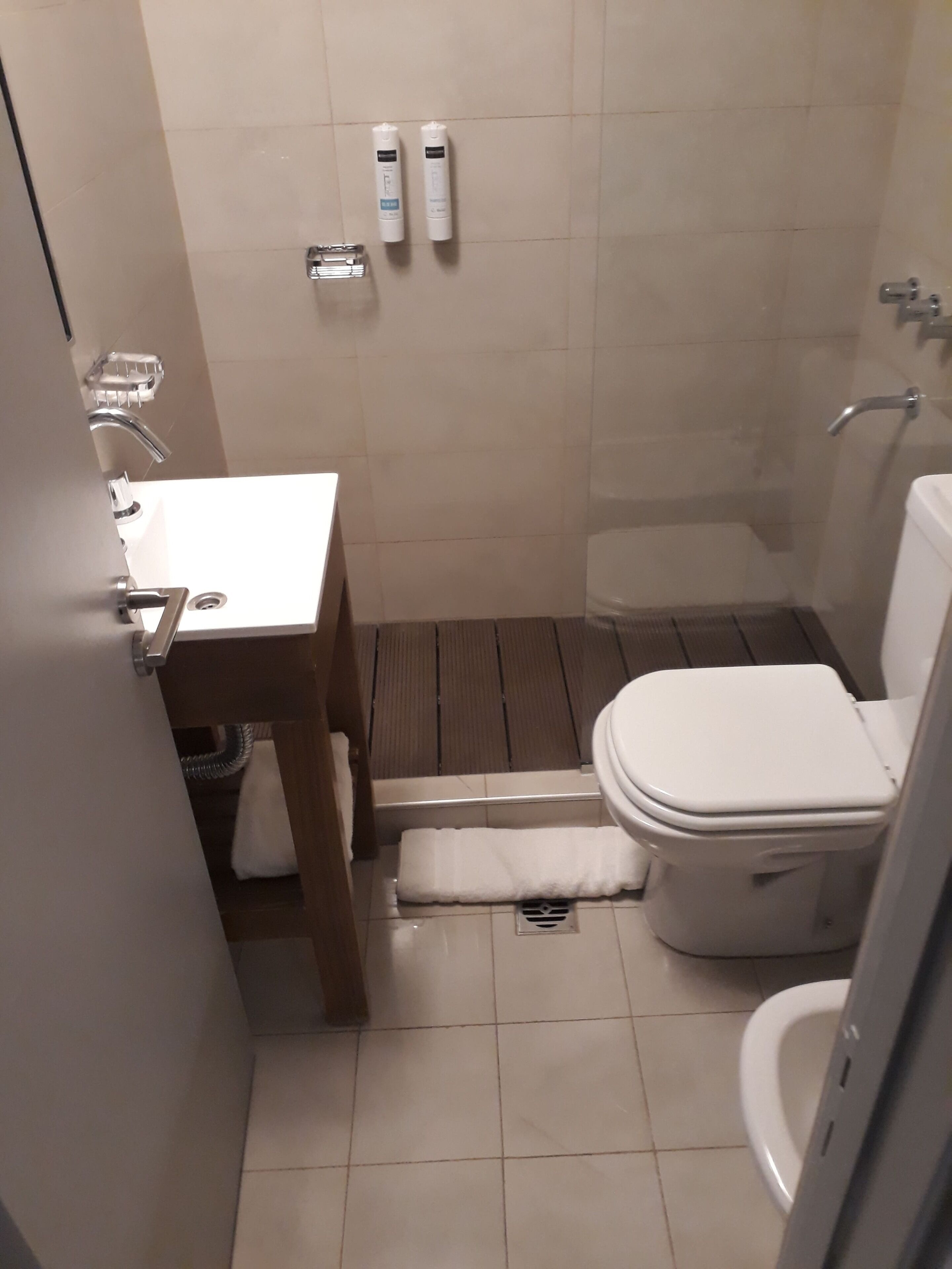 small double room | bathroom | shower, hair dryer, bidet, towels