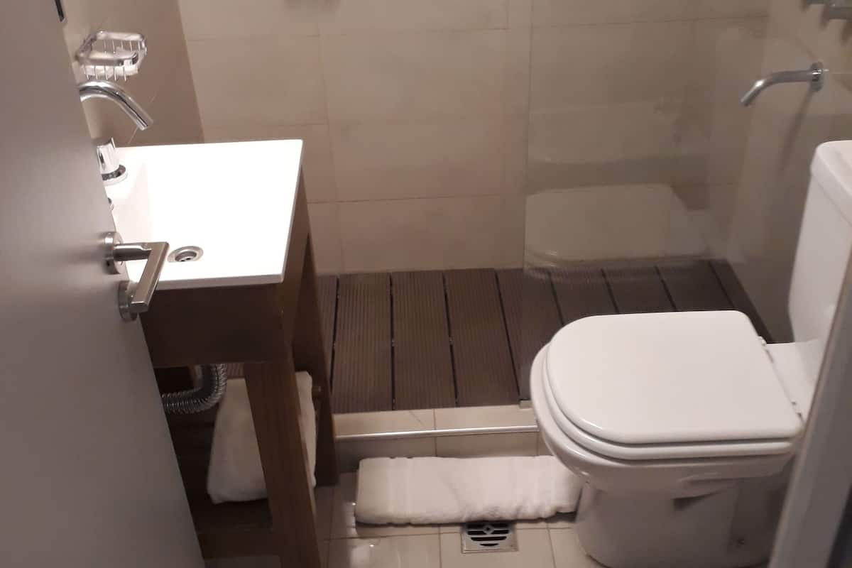 small double room | bathroom | shower, hair dryer, bidet, towels