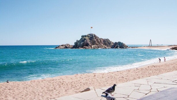 A beach with a rocky outcrop, clear blue water, and a flag on top. - 2 bedroom stunning apartment in Blanes (Blanes)