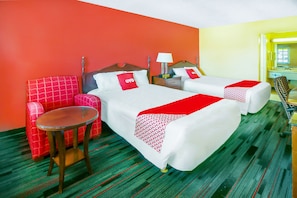 Minibar, desk, bed sheets