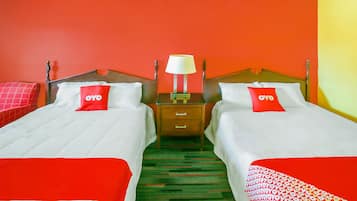 Minibar, desk, bed sheets