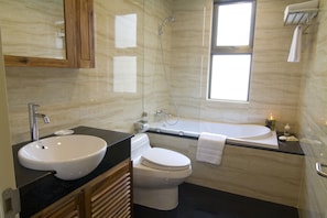 Features a sleek countertop, vessel sink, and bathtub.