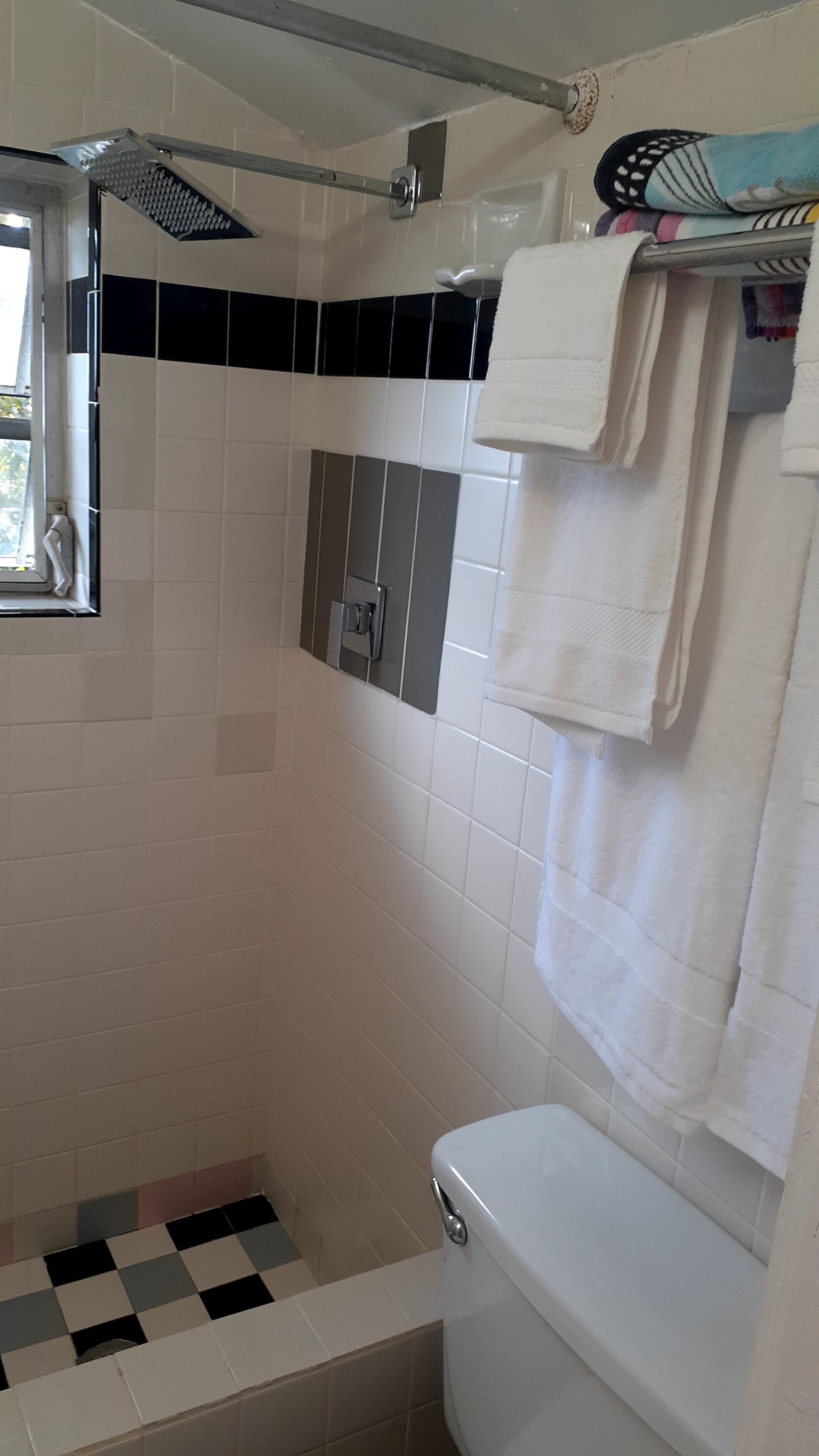 A bathroom with a shower, toilet, and a checkered floor.