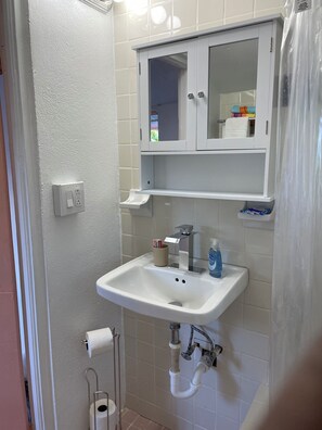 A bathroom with a white sink, mirror, and towel rack. There is a toilet paper holder and a shower curtain.
