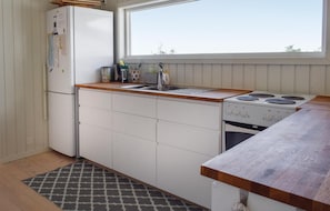 Fridge, stovetop, dishwasher, coffee/tea maker