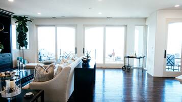 Smart-TV, Kamin, Bücher, Musikbibliothek