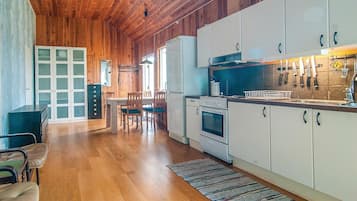 Fridge, stovetop, dishwasher, coffee/tea maker