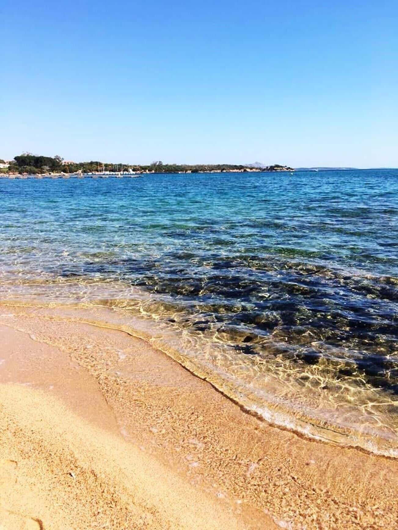 Ein Strand mit klarem Wasser und einem Sandstrand.