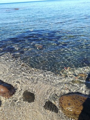 A clear view of a rocky shoreline with water.